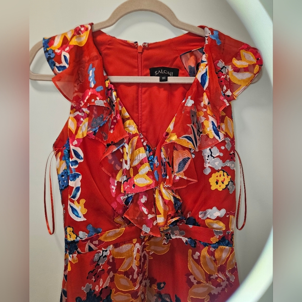 Saloni Cece Floral Print Ruffle Trim Dress in Coral Size 4 - Picture 5 of 9